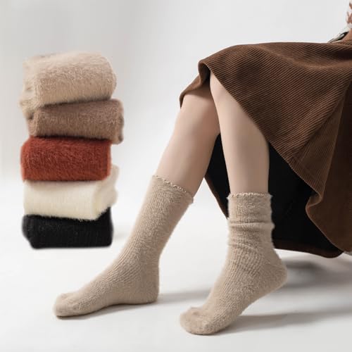Image of SISOSOCK 5 Pairs Fuzzy Soft Cozy Comfortable Socks for Women, Casual Sleep Comfy Socks, Perfect Warm Winter Gifts for Women