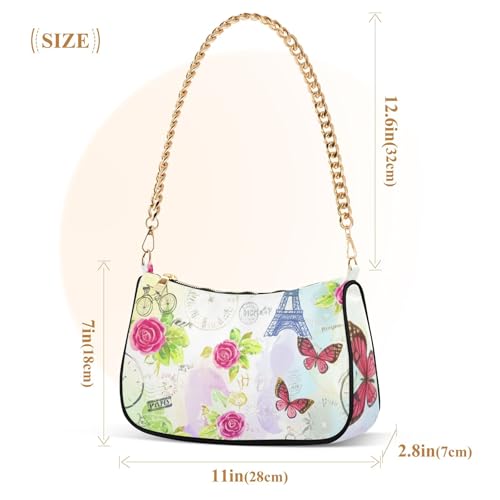 Vintage Eiffel Tower Rose Floral Shoulder Bag for Women Hobo Clutch Purse Chain Strap Zipper Wallet Purse3