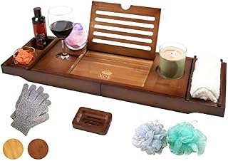XcE Bath Caddy Tray (Brown) With Solid Bamboo book stand - Bamboo Wood Bath Tray and Bath Caddy