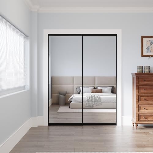 Image of Sliding Closet Doors 60 inch x 80 inch(Double 30.4 inch x 80 inch), Mirrored Doors Aluminum Frame with Hardware Kit & Guide, Interior Door for Bedroom No Assembly Required, Black