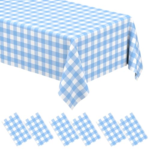 Image of 6 Pack Light Blue Gingham Tablecloth Rectangular Pale Blue and White Checkered Tablecloths Disposable Plastic Plaid Table Cover for Parties, Outdoor Picnic, Birthday, Wedding, Camping 54 x 108 Inch