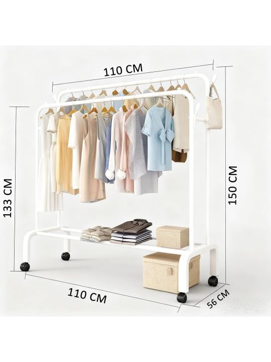 Image of Owme Heavy Duty Metal Garment Rack with Wheels | Portable Clothes Hanging Stand | Rolling Clothing Rack for Bedroom, Laundry & Retail Store | Space Saving Cloth Stand - WHITE Double Stand