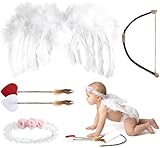 AMOR PRESENT Baby Angel Wings, 5PCS Newborn Photoshoot Clothes White Angel Feather Wing Baby Cupid Costume Set with Headband Bow Swords Photo Prop Outfit 0-18 Months