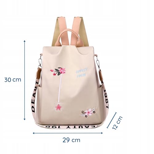 Little Angel Damen Rucksack mit Stickerei – 2-in-1 Rucksack & Handtasche mit Blumenmotiv – Umhängetasche multifunktional für Alltag, Reisen, Uni, Schule – Wasserabweisend, leicht, modisch (Beige)