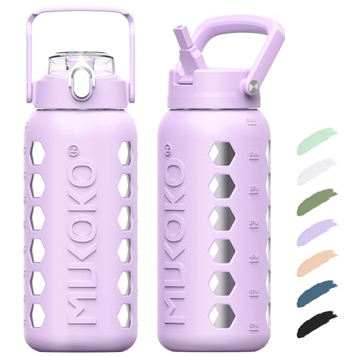 MUKOKO Glass Water Bottles 64oz with 2 Lids, Half Gallon Water Bottle with Straws and Measurements, 2L Sports Water Jug with Silicone Sleeve, Leakproof, Purple