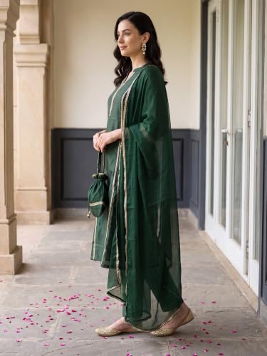 Image of INDO ERA Women's Liva Woven Design Zari Work A-Line Kurta & Pant with Dupatta Set | Kurta Set