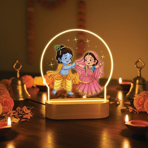 Image of Giftplease Little Krishna & Radha Full-Color LED Lamp - Cute Bal Gopal & Radha Rani Night Light with Warm Glow Base - Religious Home Decor, Janmashtami Gift & Kids Room Spiritual Bedside Lamp GL 16