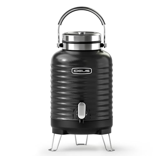 Image of IDEUS Insulated Beverage Dispenser, All-in-one for Camping Vacuum Double-Wall Stainless Steel Water Cooler Coffee Carafe Jug Leakproof Drink Container with Handle, Spigot & Stand (Black, 1,4gal)