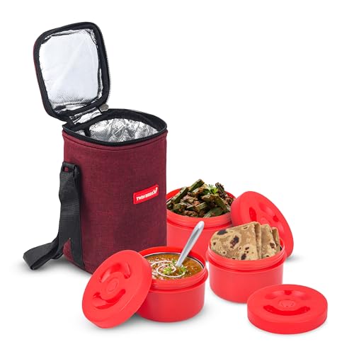 Image of TWIN BIRDS Eco Fresh Air Tight Lunch Box Plastic 3 Container Lunch Box Odour Free Leakproof Multipurpose Lunch Box with Bag (Red)