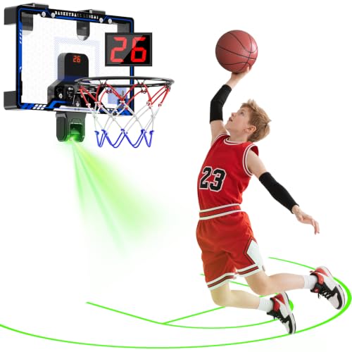HopeRock indoor basketball hoop with projected half-court in blue — the only pick that projects its own playing surface