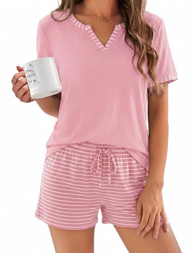 Demegimi Schlafanzug Damen Kurz Baumwolle Sommer Pyjama Zweiteiliger Pyjama Set Gestreift Weicher Shorty Hausanzug V-Ausschnitt Nachtwäsche