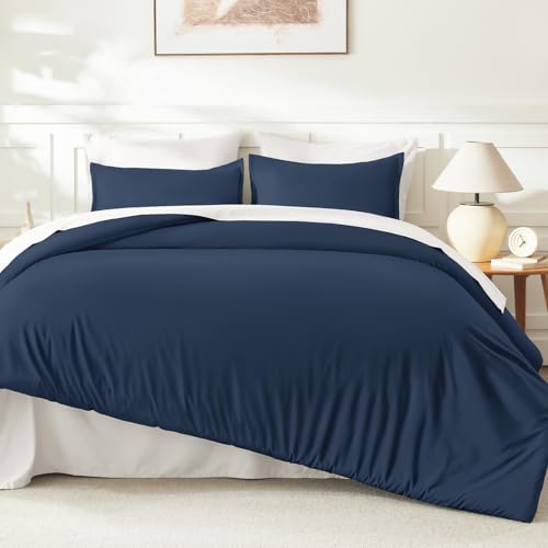 Image of Litanika Navy Blue Oversized King Comforter Set Super King Plus Size, 3 Pieces Lightweight Solid Bedding Comforter Set, All Season Fluffy Bed Set (128x120In Comforter & 2 Pillowcases)