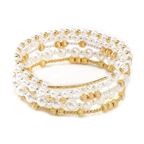 SHINUS BOHO 14K Gold Plated Silver Pearl Beaded Bracelets Stack Set for Women,Stretch Stackable Statement Bohemian Beads Ball Trendy Jewelry Fashion Gifts Trendy Holiday