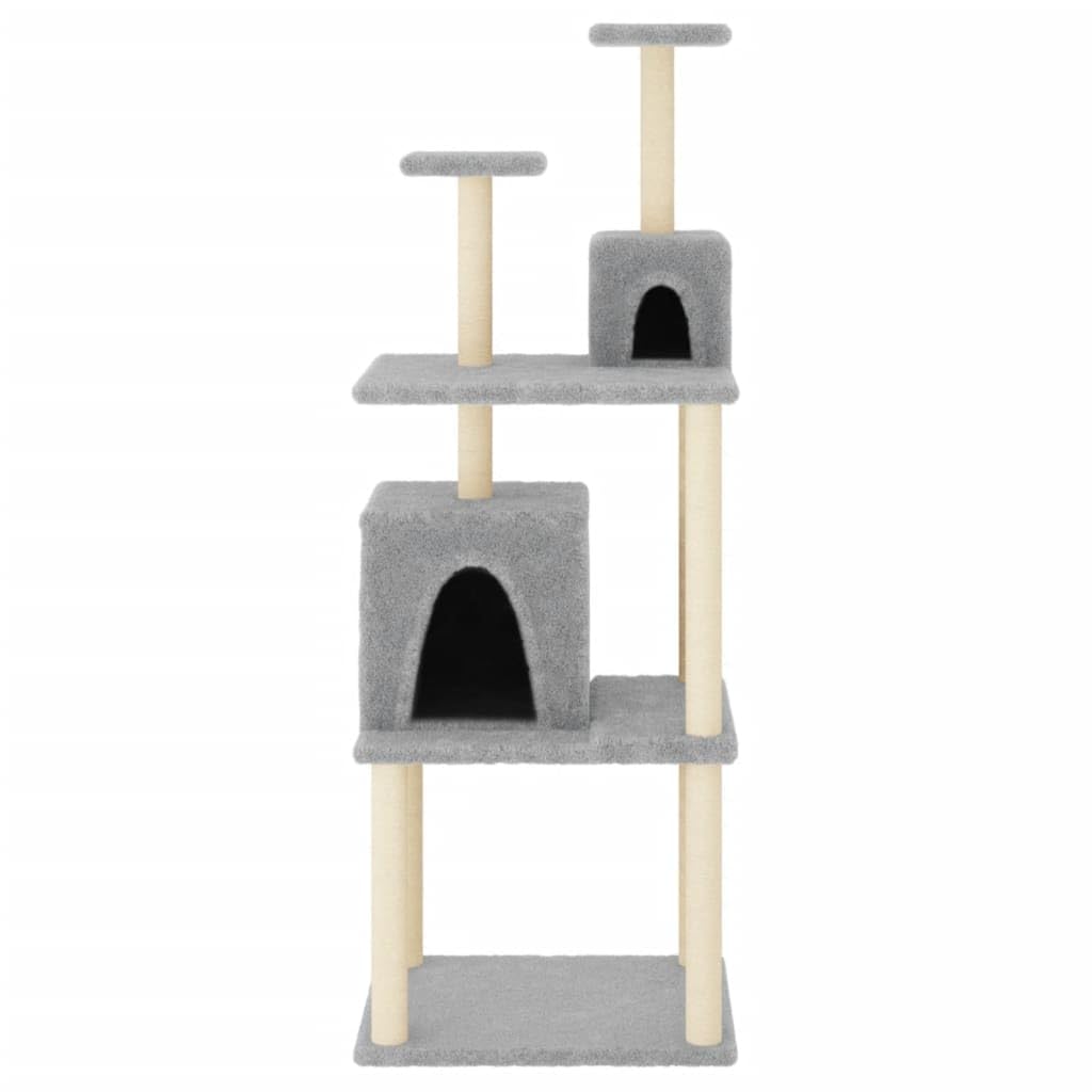 Kratzbaum groß 167 cm mitSisal-Kratzsäulen, Katzenbaum mit 2 Katzenhäusern und Plattformen, Kletterbaum Kletterturm für Wohnungskatzen, Hellgrau