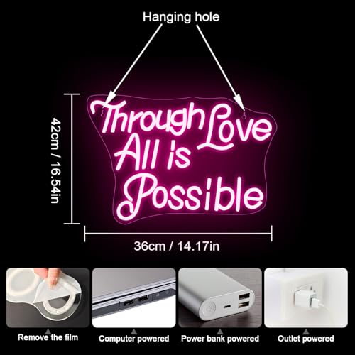 Image of Through Love All Is Possible Neon Sign Pink Wall Lights for Classroom Decor