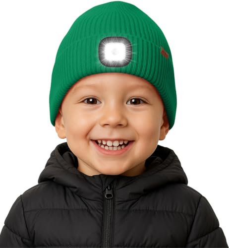 ATNKE Kids LED Lighted Beanie Hat with Lined Fleece, USB Rechargeable 4 LED Running Headlamp Ultra Bright Hands Free Head Torch Winter Warm Knit Skull Cap Gifts for Boys and Girls/Green