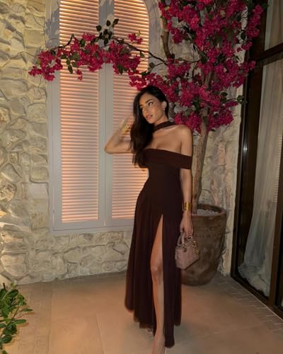 Off Shoulder Bridesmaid Dresses with Scarf Long Pleated Chiffon A-line Formal Evening Gowns with Slit3