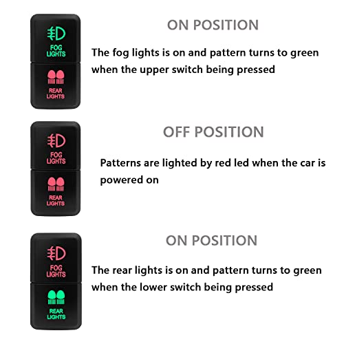 Image of Dual Push Button Switch Fog Lights & Rear Lights Icon Red & Green Led Backlit On-Off Push Switch for Toyota Landcruiser Tacoma Hilux FJ Cruiser 3Amp /12V (1.54'' X 0.83'')