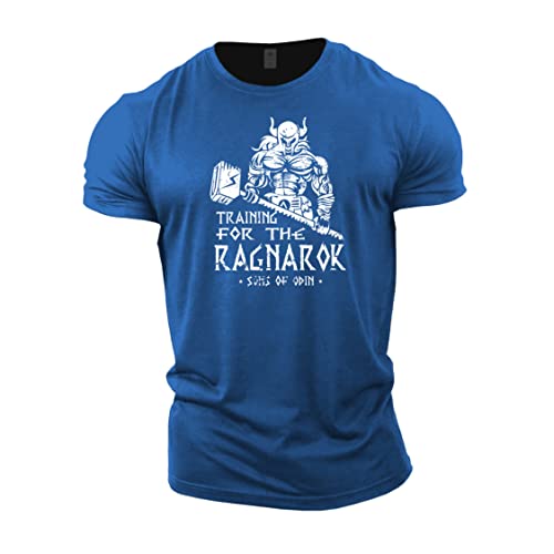 GYMTIER Sons of Odin - Training for Ragnarok Vikings - Camiseta de gimnasio para hombre, entrenamiento de culturismo, entrenamiento, levantamiento de pesas, azul real, M