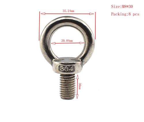 Image of 304 stainless steel M8 lifting rigging eyebolt ring Shaped with lengthened thread(30mm) pack of 8 pcs