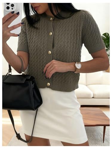 Verdusa Women's Short Sleeve Sweater Button Up Lightweight Pullovers Cable Knit Tops - Image 5