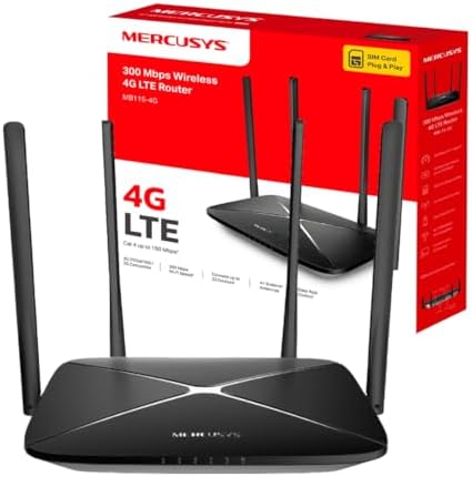 Mercusys MB115-4G 300 Mbps Wireless N 4G LTE Router, WiFi 300 Mbps + SIM Instantáneo + 4 Antenas Potentes, Cobertura Máxima para 32 Dispositivos, Modo...
