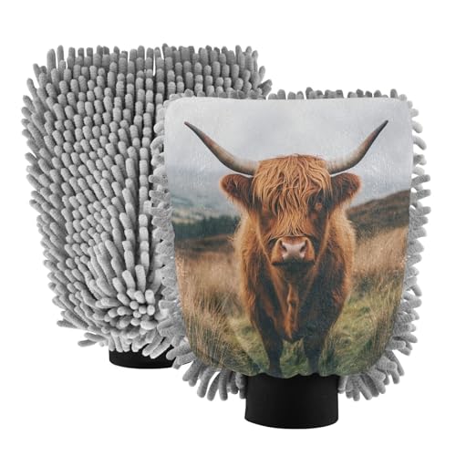 Flradish 2 Pack Highland Cow Car Wash Mitt Chenille Microfiber Lint-Free Scratch Free Ultra-Soft Absorbent Car Wash Mitt 11.8x8.07 Inch