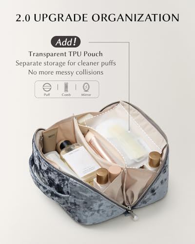 Image of EACHY Travel Makeup Bag, Large Capacity Cosmetic Bag for Women, Waterproof PU Leather, Flat Open Portable Toiletry Bag for Skincare, Brushes & Travel Essentials