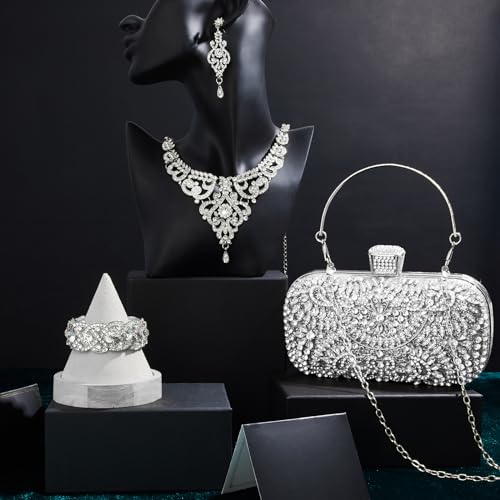 Image of Quelay 4 Pcs Purse Rhinestone Jewelry Set for Wedding Bridal Women Evening Clutch Bag Necklace Dangle Earrings Bracelets