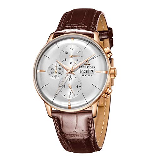 REEF TIGER Luxury Dress Watch Genuine Leather Strap Rose Gold Automatic Watches for Men RGA1699