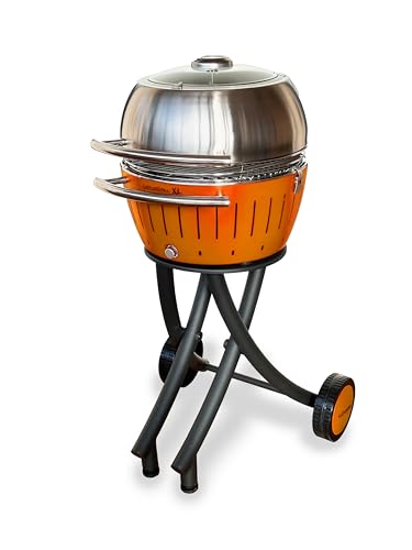 LotusGrill XL Set de barbacoa de jardín verde lima - Carro de barbacoa con tapa XL de acero inoxidable (naranja mandarina)