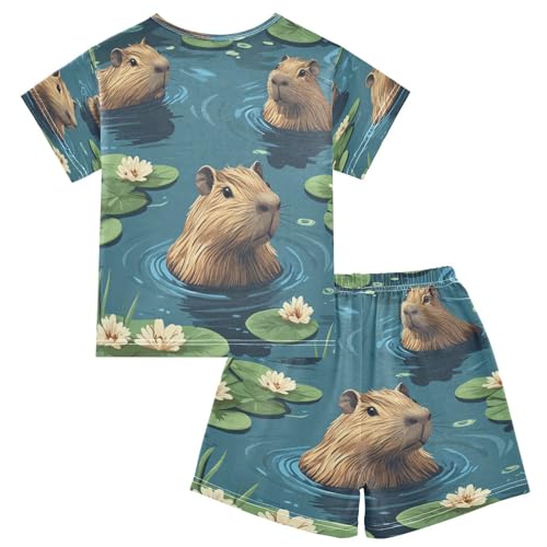 Pajama Sets Short Sleeve Cute Swimming Capybara Pattern Soft Cotton Summer Sleepwear 2 Piece PJS Size 5-14T2