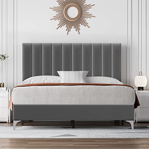 IDEALHOUSE Base de cama tamaño matrimonial con cabecera alta ajustable, base de cama tapizada de terciopelo con soporte de listones de madera, no necesita somier, fácil montaje, gris