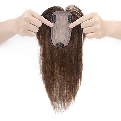 SEGO 120% Density Hair Topper With Bangs Silk Base Human Hair Top Hair Pieces Clip in Topper for Slight Hair Loss Thinning Hair Cover Gray Hair -6 Inch Medium Brown