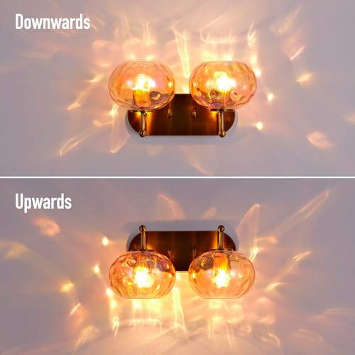Image of Brushed Gold Vanity Light Amber Hammered Glass Wall Sconce 2-Light Brass Wall Lamp for Hallway Living Room Stairwell Bathroom Over Mirror