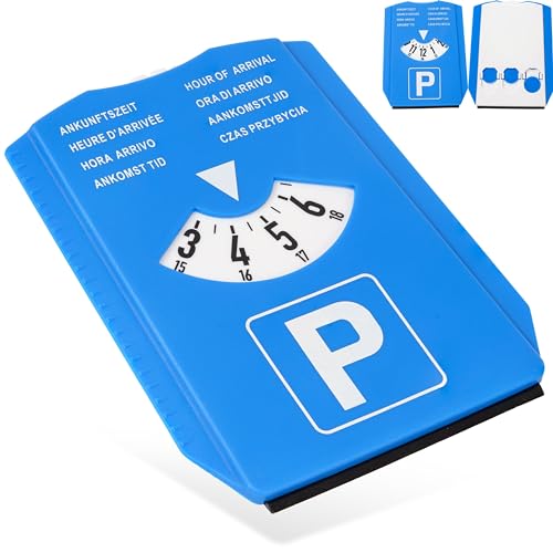 Disco de aparcamiento con raspador de hielo, 1 pieza, en azul, ocho idiomas, juego de reloj de parquímetro con medidor de perfil de neumáticos y chip para carro de la compra, para coche, camión,