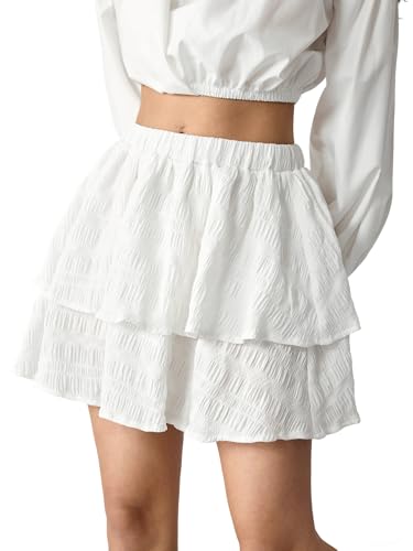 SHENHE Women's Layered Ruffle Skirt Elastic High Waisted A Line Flowy Short Cake Skirt