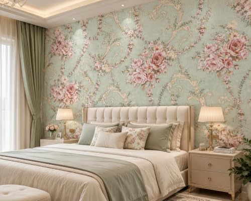 Image of Light Green Floral Wallpaper Roll for Walls and Furniture, Printed Surface Covering Sheet for Bedroom, Living Room, Kitchen, Cabinet, Shelf, Table and Home Decor 60 * 200 CM