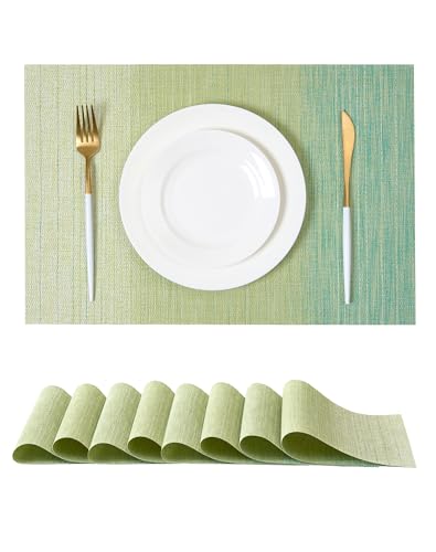Leetaltree Gradient Green Woven Placemats Set of 8 - Heat Resistant Non-Slip Place mats for Dining Table, Washable Durable PVC Vinyl Woven Table Mats(Gradient Green, 8)