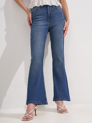 Image of Tokyo Talkies Women Blue Solid Bell Bottom High Rise Jeans