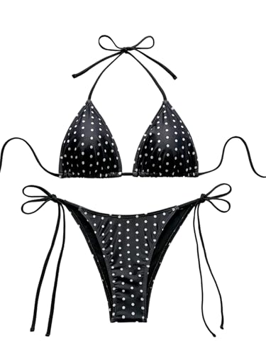 GORGLITTER Bikini Damen Set Neckholder Bademode Sommer 2-teiler Badeanzug mit Pokal-Dots Triangle Strandmode Swimmsuit Set Schwarz und Weiß S