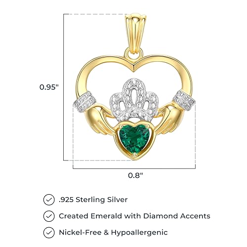 MORGAN & PAIGE .925 Sterling Silver 18K Gold Plated Claddagh Heart Pendant Necklace with Created Emerald and Diamond Accent - Irish Jewelry Heart Pendant Unique Gifts, Gold Necklace for Women 18"