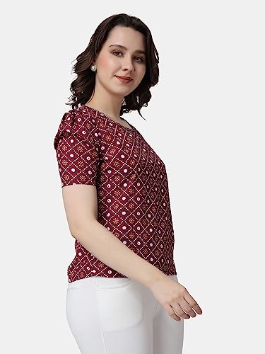Image of POPWINGS Casual Printed Puff Sleeves Round Neck Top for Women || Stylish Summer Tops for Women || Hip-Length Women Top