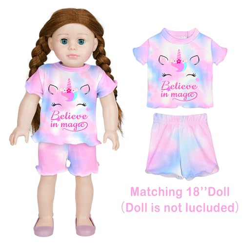 ICOSY Matching Doll & Girls Pajamas Set 2 PCS Kids Pajamas Top and Shorts for American 18" Doll Girl Clothes2