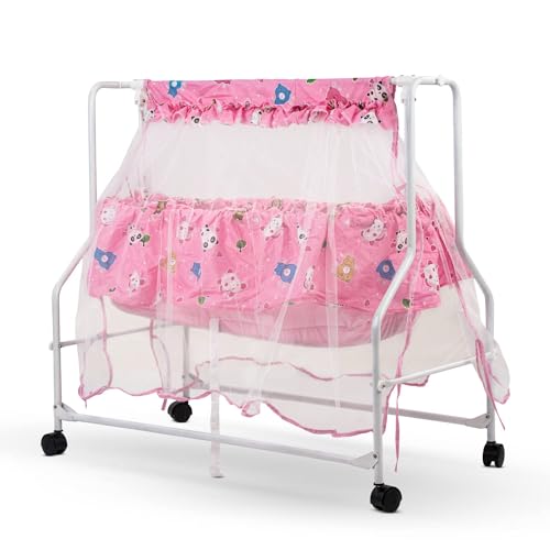 Image of BAYBEE Cradle for New Born Baby with Mosquito Net & Bedding Set, Baby Jhula, Thottil, Infant Uyyala, Safety Spring Palna, Cotton Sleeping Swing for Boys & Girls (Pink)