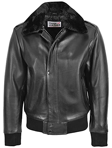 Mens Leather Bomber Jacket Removable Collar Pilot Aviator Leroy
