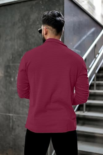 Image of KAJARU Men's Quarter Zip Pullover T-Shirt, Textured Ribbed Long Sleeve, Casual Mock Neck