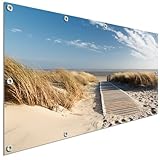 TRIOSK Sichtschutz Balkon Deko Plane Balkonblende Blickdicht mit Motiv Dünenweg Meer Nordsee Strand für Garten Terrasse Gartenzaun Balkonverkleidung Blickschutz PVC groß 200x100 cm