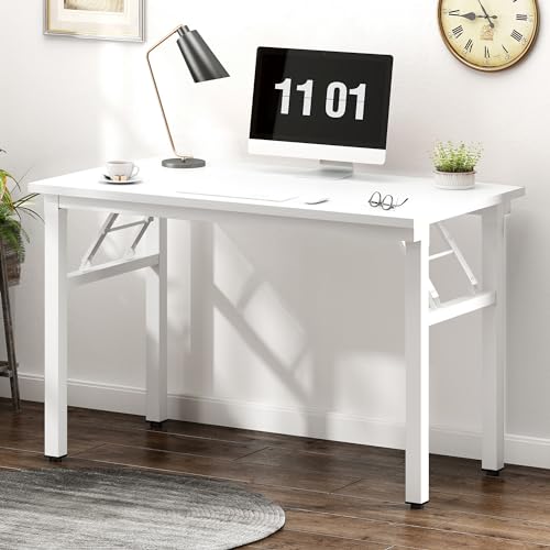 Image of Need 39.4 Inch Folding Desk for Small Spaces, Home Office Computer Desk with White Wood Top & Metal Frame, Foldable Writing Table for Study, Bedroom, Dorm Room & Student