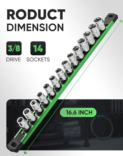 Image of ALOANES Magnetic Socket Organizer Set, 3 /8-Inch Drive Heavy Duty Aluminum Socket Rail Organizer, 360 Swivel Clips Socket Holder Kit for Toolbox Drawer Fit 3 /8-Inch x 14 Clips (Green, 1PC)